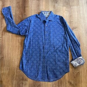 Robert Graham L Men’s Long Sleeve Button Up, Blue With Black/White Stripes
